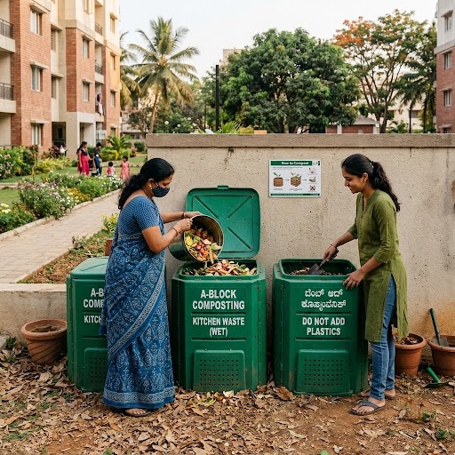 women composting waste in dustbin